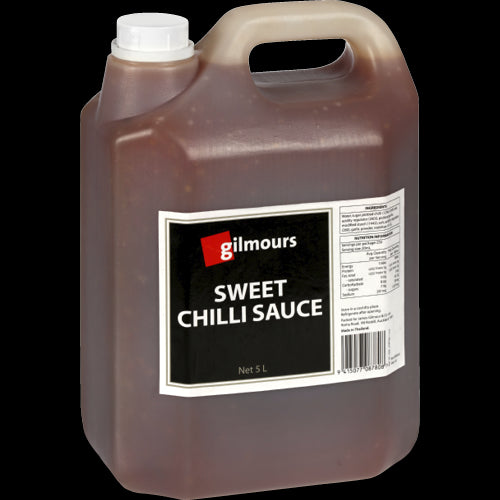 Gilmours Sweet Chilli Sauce 5l in a large bottle, perfect for adding sweet and spicy flavor to dishes and dips.