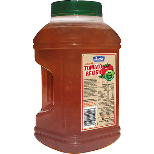 Cerebos Chunky Tomato Relish 2.8kg featuring zesty tomatoes and spices, perfect for enhancing burgers and sandwiches.