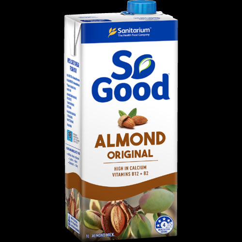 Sanitarium So Good Original Almond Milk 1l carton with creamy texture, nutty flavor, and gluten-free, dairy-free benefits.