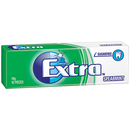 Wrigley's Extra Spearmint Sugarfree Gum in portable packs, promoting fresh breath and oral health with every chew.