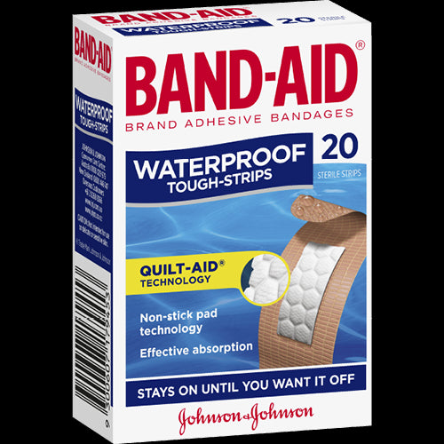 Band-Aid Waterproof Tough-Strips: 20 durable, sterile adhesive strips for active lifestyles, offering waterproof and breathable wound protection.