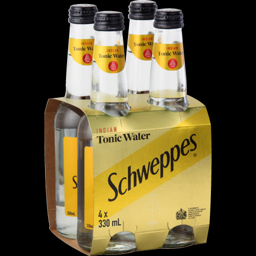 Four 330ml bottles of Schweppes Indian Tonic Water, ideal for cocktails or solo enjoyment, offering a refreshing, crisp taste.