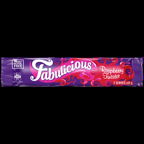 RJ's Fabulicious Raspberry Twister 40g features twisted licorice bursting with vibrant raspberry flavor for a fun treat.