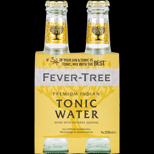 Fever-Tree Premium Indian Tonic bottles, 4 x 200ml, crafted with natural quinine for a refreshing, crisp gin experience.