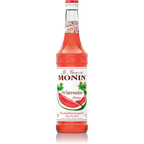 Monin Watermelon Syrup 750ml, vibrant and refreshing for cocktails, desserts, and beverages with a sweet watermelon flavor.