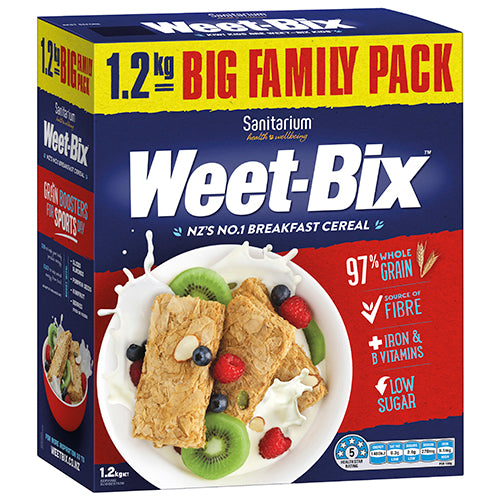 Sanitarium Weet-Bix 1.2kg cereal packed with fibre, vitamins, and iron for a nutritious start to your day.