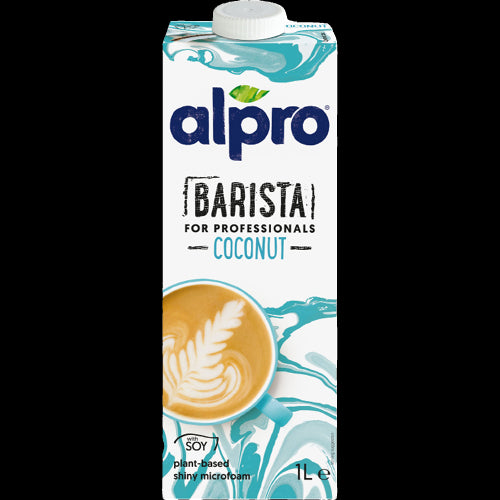 Creamy Alpro Barista Coconut Milk 1L, perfect for making lattes and cappuccinos, dairy-free, gluten-free, and low-calorie.