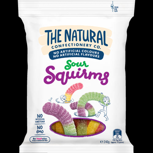 Colorful 220g bag of Vegan-friendly Sour Squirms, tangy fruit-flavored gummies coated in sour sugar, with no artificial additives.