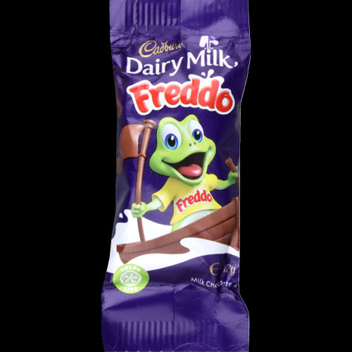 Cadbury Freddo Chocolate bulk pack featuring 72 mini 12g milk chocolate frogs, perfect for sharing and snacking.