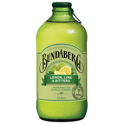 Twelve 375ml bottles of Bundaberg Lemon Lime & Bitters, featuring a zesty, sparkling citrus blend with bitters.