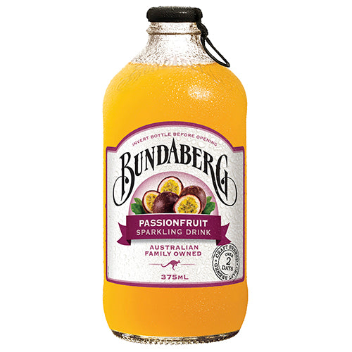 Twelve 375ml cans of Bundaberg Passionfruit Sparkling Drink, showcasing tropical flavor and natural ingredients in a vibrant package.