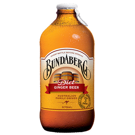 12-pack of Bundaberg Diet Ginger Beer bottles, low-calorie, flavorful ginger soda perfect for health-conscious refreshment.