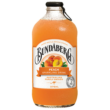 Bundaberg Peach Sparkling Drink 12 x 375ml bottles, featuring refreshing peach flavor and fizzy carbonation for any occasion.