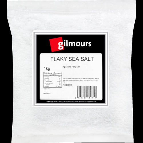 Gilmours Flaky Sea Salt 1kg, premium sea salt with delicate flakes for enhancing flavor in dishes and garnishing beautifully.