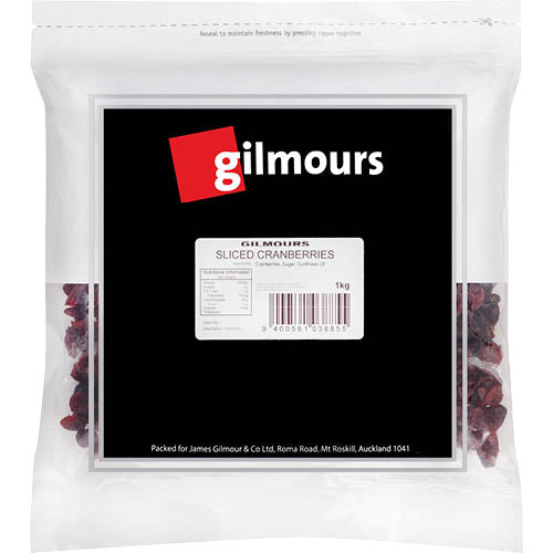 Gilmours 1kg sliced cranberries, perfect for baking, snacking, or adding to salads, rich in flavor and antioxidants.