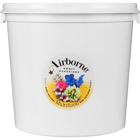 A 4kg jar of Airborne Multifloral Honey showcasing its rich, natural flavor and health benefits, sourced from New Zealand wildflowers.