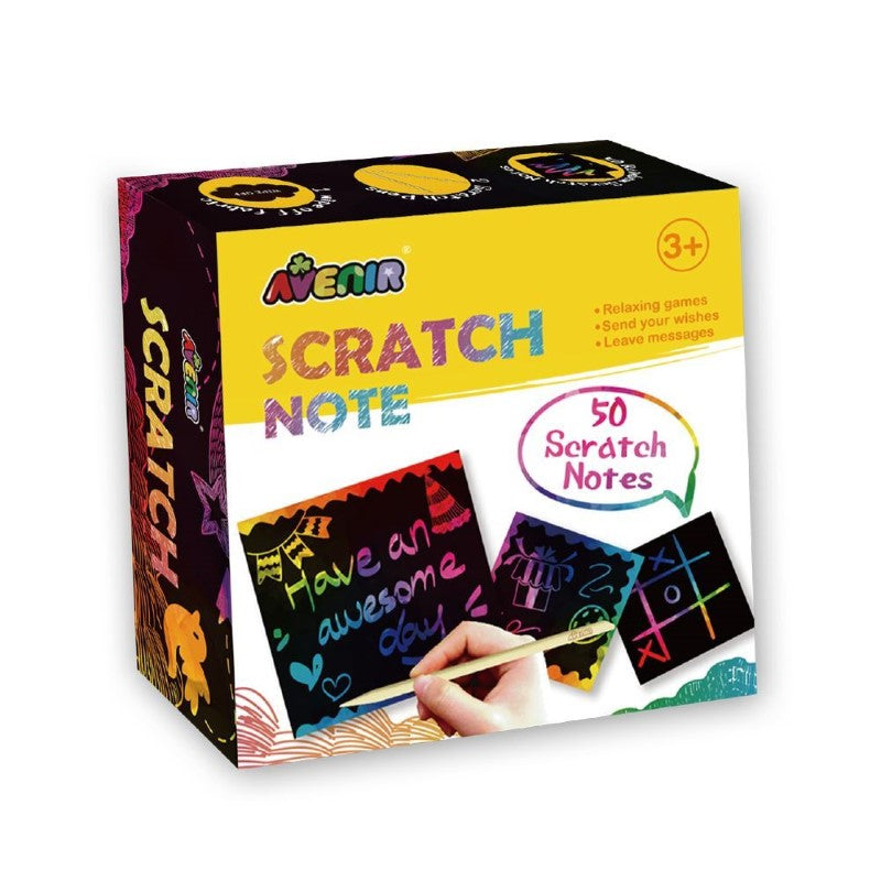 Colorful Avenir Scratch Notes set with 50 notes, 2 scratch pens, and wipe off fabric for creative expression and fun.