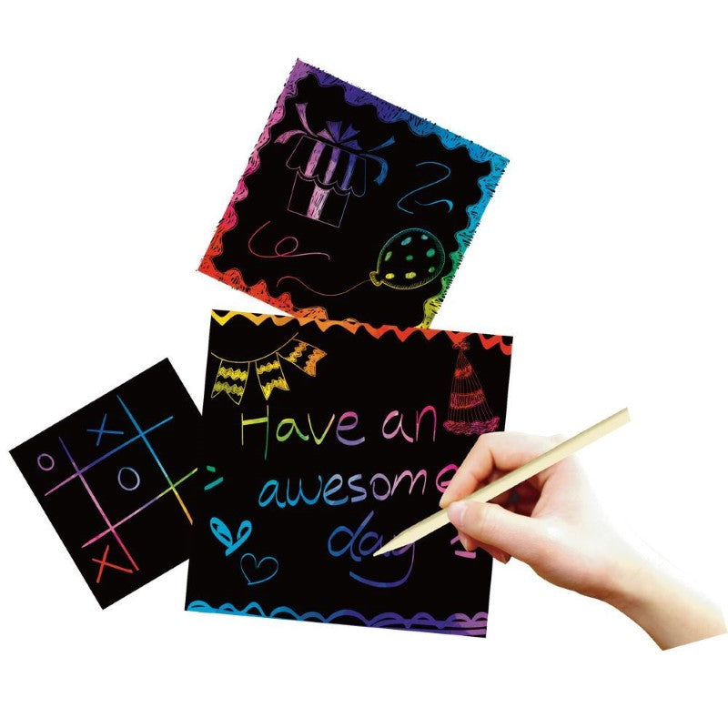 Colorful Avenir Scratch Notes set includes 50 notes, 2 pens, and a wipe-off fabric for creative expression and fun activities.