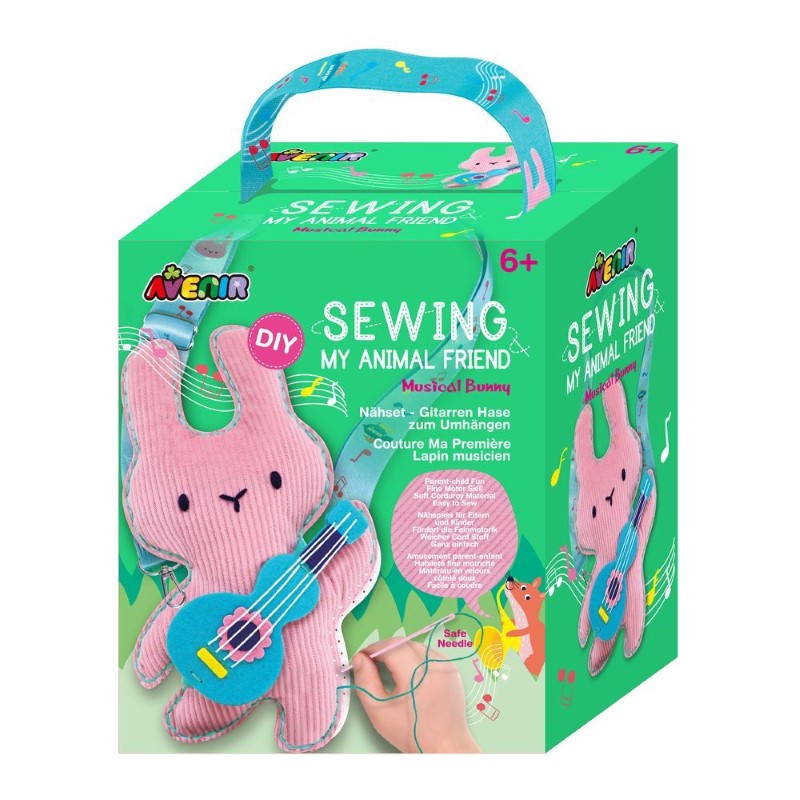 Avenir Musical Bunny sewing kit for kids, featuring soft corduroy, easy sewing, and fun accessories. Perfect for creative play!