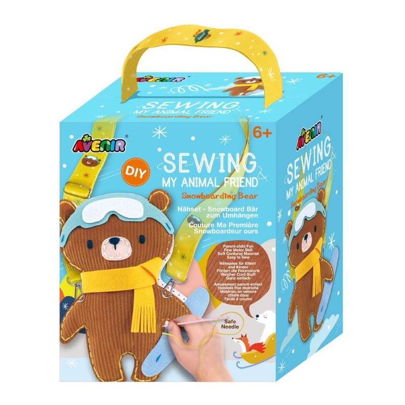 Soft corduroy snowboarding bear sewing kit for kids, including pre-punched fabric, safety needle, and colorful stickers.