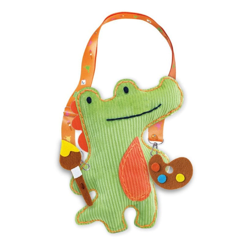 Colorful sewing kit for kids featuring the Arty Crocodile, a soft, customizable toy promoting creativity and fine motor skills.