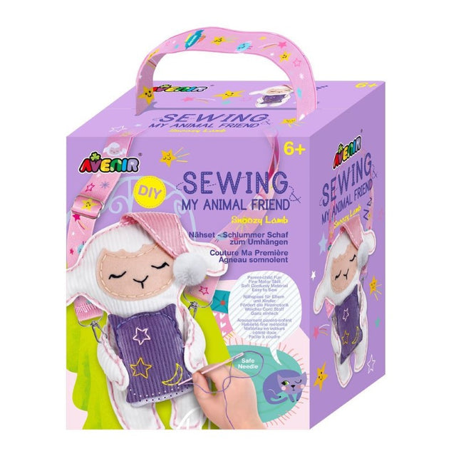 Sewing kit featuring a soft corduroy Snoozy Lamb, designed for kids to create their own cuddly companion with fun stickers.