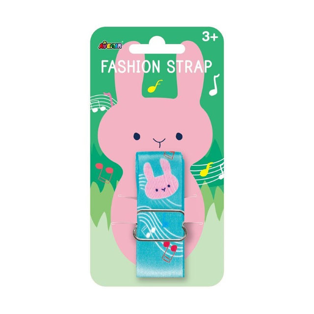 Adjustable Avenir Musical Bunny strap featuring cute bunny designs, ideal for bags, dolls, and phones; suitable for ages 3+.