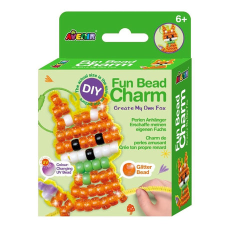 Colorful DIY kit for kids to create a sparkling fox charm with glitter and UV beads, promoting creativity and fine motor skills.