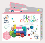 Eco-friendly Haku Yoka School Bus block crayons, 11 vibrant colors, made with beeswax for smooth, safe coloring fun.