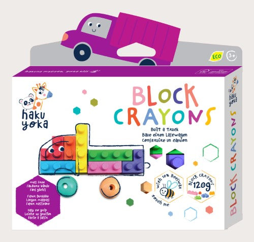 Vibrant Haku Yoka Truck block crayons made from eco-friendly beeswax, perfect for inspiring young artists aged 3 and up.