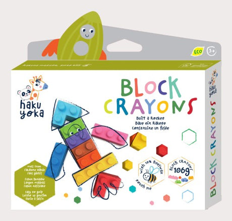 Eco-friendly Haku Yoka Rocket block crayons, made from beeswax, include 9 vibrant colors for young artists aged 3+.