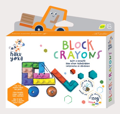 Eco-friendly block crayons shaped like a forklift, made from beeswax for vibrant, safe coloring for children aged 3 and up.