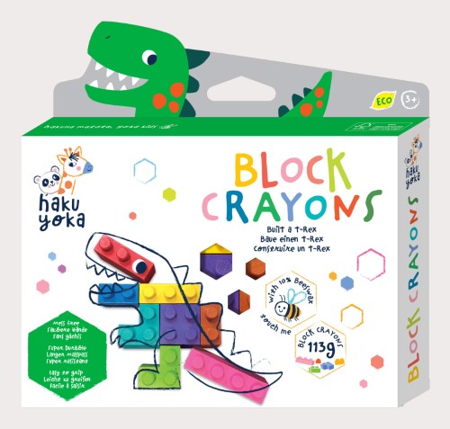 Eco-friendly Haku Yoka T Rex block crayons made from beeswax; 8 vibrant colors for creative kids aged 3 and up.