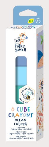 Eco-friendly Haku Yoka 6 Cube Crayons in ocean colours for vibrant, safe creativity, made from beeswax with minimal packaging.