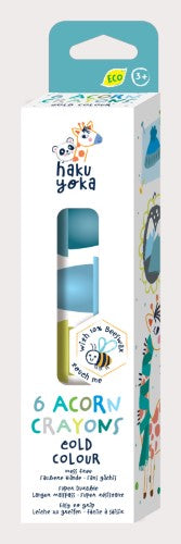 Eco-friendly Haku Yoka crayons in six cold colors, made from beeswax, perfect for inspiring young artists.