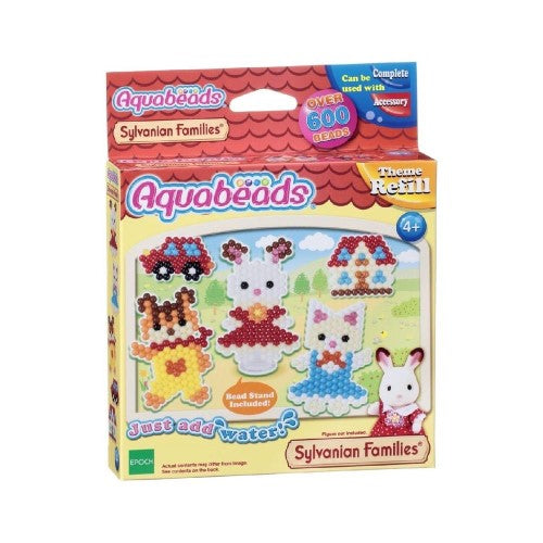 Aquabeads refill set for crafting Sylvanian Families characters, featuring over 600 vibrant beads and easy water activation.