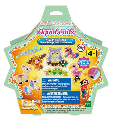 Aquabeads Star Friends Set refill pack with 600 colorful beads, templates, and instructions for creative crafting fun.