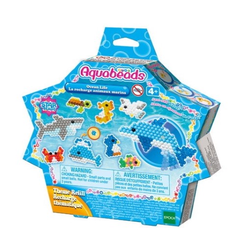 Aquabeads Ocean Life Refill Pack with 600+ colorful beads and ocean creature templates for creative arts and crafts fun.