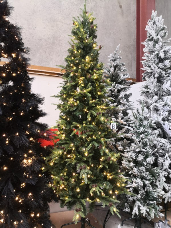 7' slim pine Christmas tree with 1412 tips and pinecones, perfect for small spaces and holiday decor.
