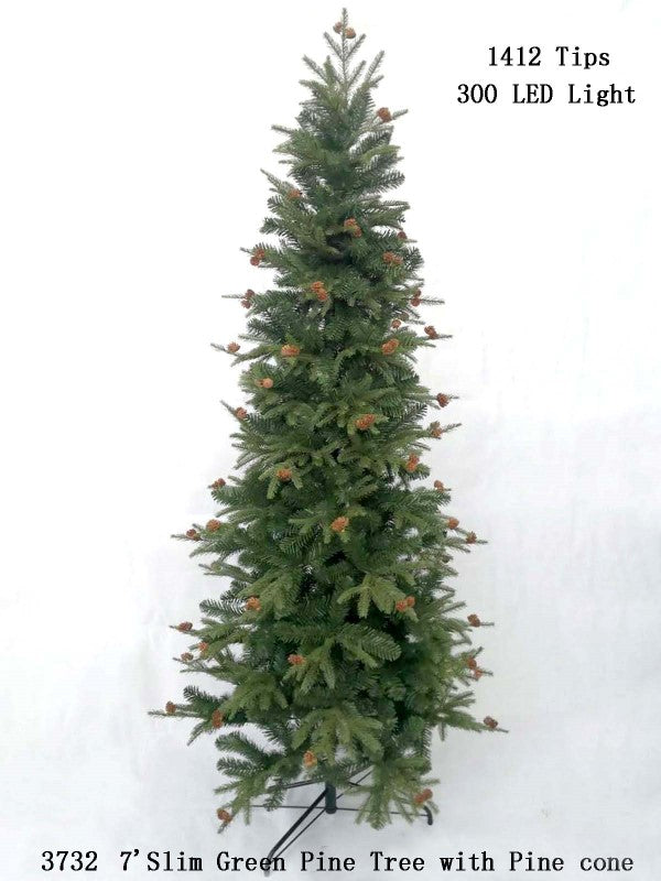 7' slim pine Christmas tree with 1412 branch tips and pinecones, ideal for modern spaces and easy holiday decorating.