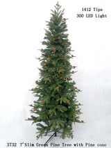 7' slim pine Christmas tree with 1412 branch tips and pinecones, ideal for modern spaces and easy holiday decorating.
