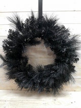 24" Black Luxury Christmas Wreath featuring lush greenery, perfect for elegant holiday decor on doors or mantels.