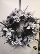 24-inch Black Luxury Christmas Wreath made of mixed black pine, perfect for elegant holiday decor.