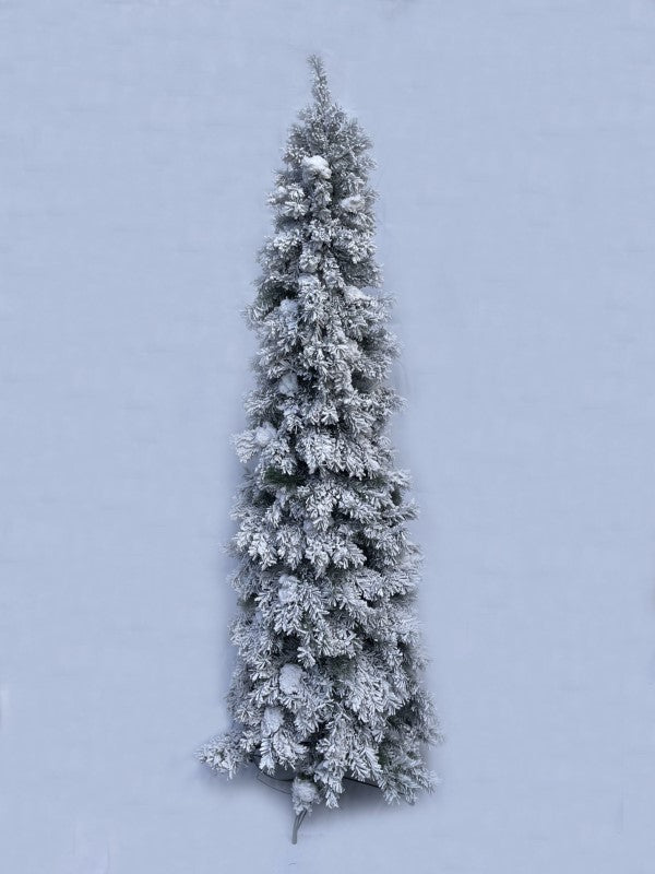 8' Heavy Snow Slim Pine Tree with 600 warm white LED lights, featuring snowy branches and a slim design for festive spaces.
