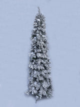 8' Heavy Snow Slim Pine Tree with 600 warm white LED lights, featuring snowy branches and a slim design for festive spaces.