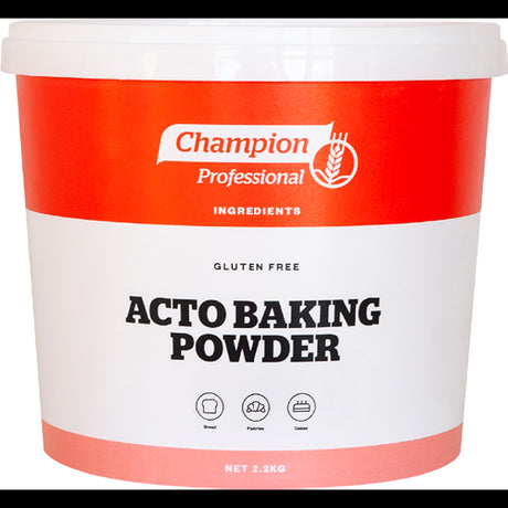 Champion Acto Baking Powder 2.2kg, a premium leavening agent for fluffy cakes, pastries, and bread in a large, convenient size.