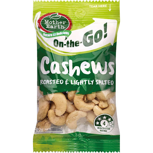 Roasted and lightly salted cashews in resealable packs, perfect for snacks or topping dishes, rich in flavor and nutrients.