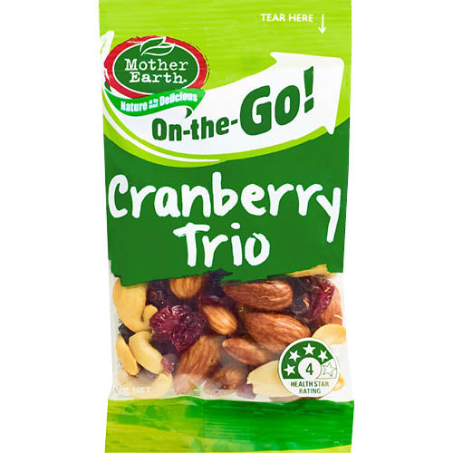 Mother Earth Cranberry Trio pack featuring 12 x 50g servings of antioxidant-rich, naturally sweet dried cranberries.