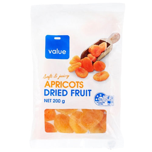 Resealable 200g pack of natural, gluten-free dried apricots, rich in flavor, fiber, vitamins, and antioxidants.