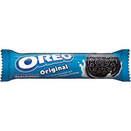 Oreo Original Cookies 128g pack featuring crunchy chocolate cookies and smooth vanilla cream filling, perfect for snacking or sharing.